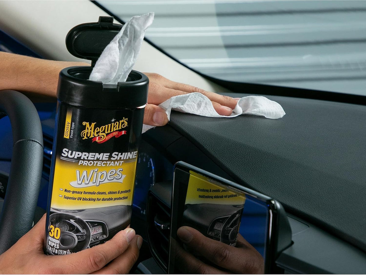 Meguiar's Supreme Shine Protectant Wipes - Convenient Protectant Wipes with UV Blocking for Durable Protection, Premium Car Wipe that Clean and Leave a Non-Greasy Glossy Shine, 30 Count