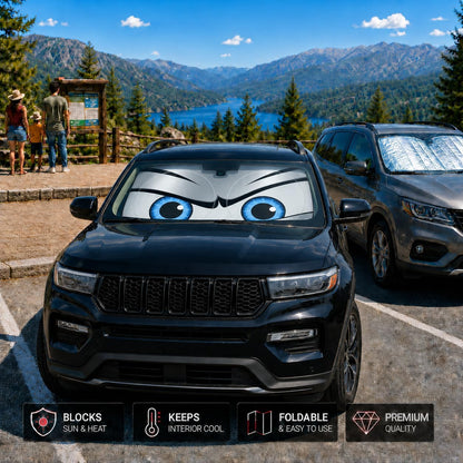 Car Windshield Sun Shade, Funny Cartoon Eyes Sun Visor for Car Windshield Universal Fits Sedan Compact Car Hatchback SUV, UV Heat Protection - 59 x 27.5