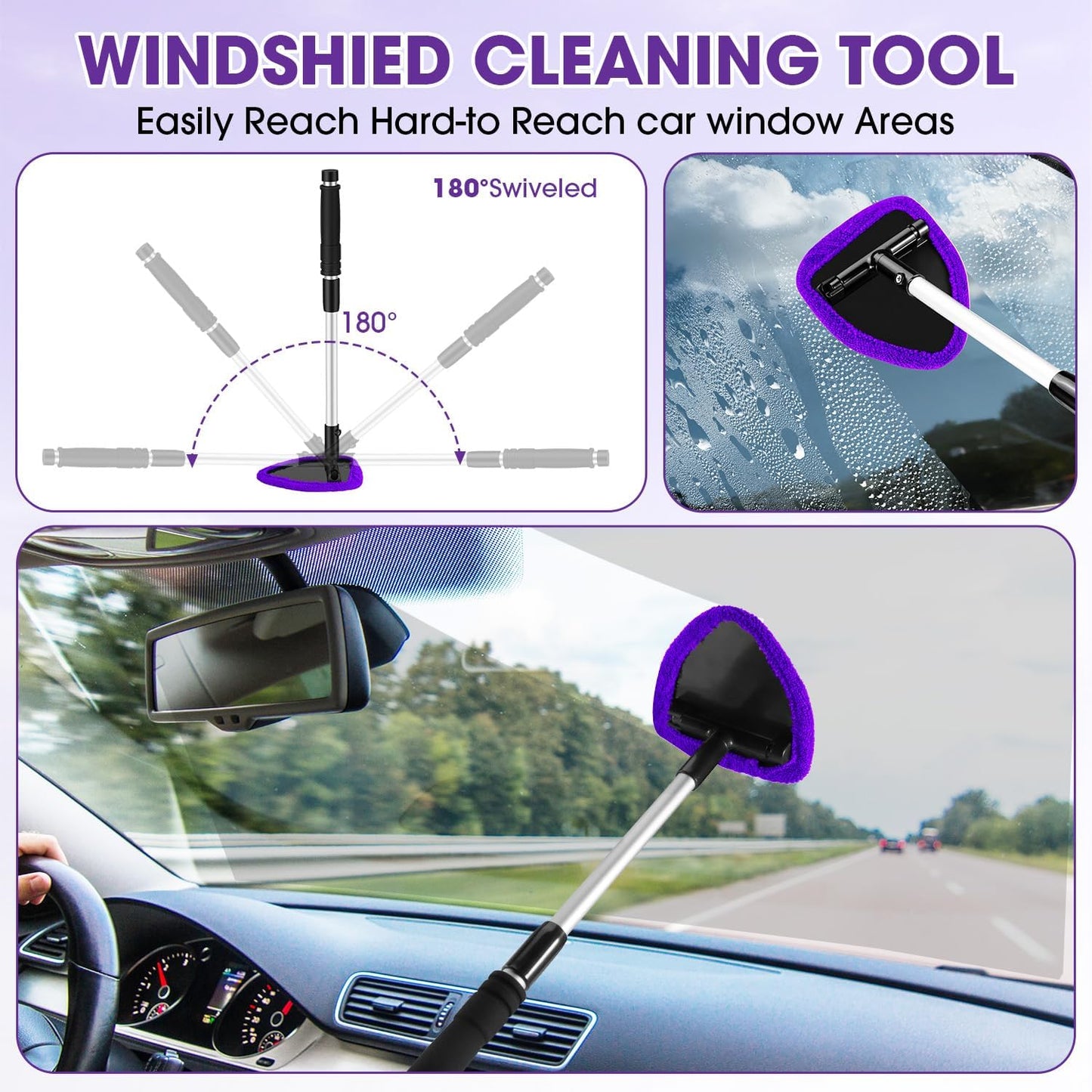 Windshield Cleaner Tool, Car Interior Cleaning Kit with Extendable Handle and 3 Reusable Microfiber Pads, Auto Glass Wiper and Detailing Brush Kit for Car & Home Window, Blue
