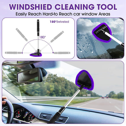 Windshield Cleaner Tool, Car Interior Cleaning Kit with Extendable Handle and 3 Reusable Microfiber Pads, Auto Glass Wiper and Detailing Brush Kit for Car & Home Window, Blue