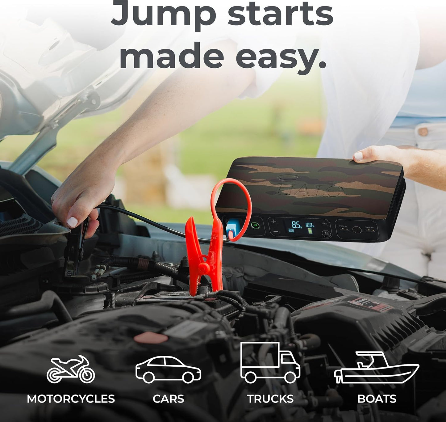 HALO Bolt Air 58830 Portable Car Battery Jump Starter | 100 PSI Air Compressor, 58.8Wh USB Power Bank, Emergency Floodlight & Charger, Jump Cars SUVs & Trucks, Inflate Tires, TSA Approved — Rose Gold
