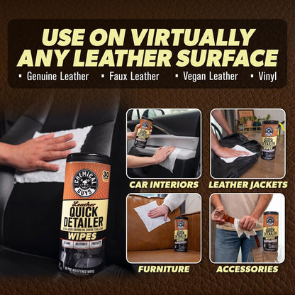 Chemical Guys Leather Quick Detailer Wipes in Canister (30 ct) (2 Pack) – Easy-Clean Conditioning Wipes for Leather Seats, Interiors & Accessories