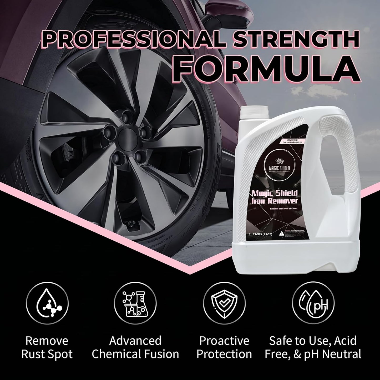 Magic Shield Iron Remover Spray for Cars 16oz - pH-Neutral Iron and Fallout Remover for Car, Motorcycle, RV & Boat | 5-Minute Reaction, Effective on Wheels & Paint | All-In-One Solution