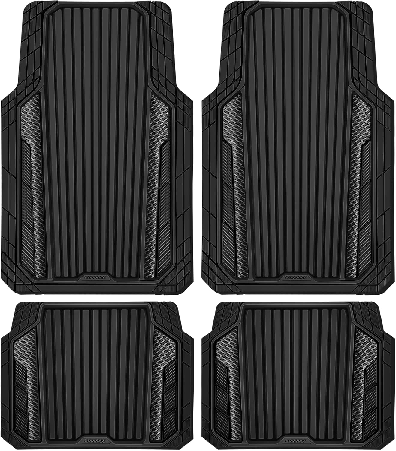 CAR PASS Heavy Duty Rubber Car Mats Metallic, Aluminum Film All Weather Floor Mats Waterproof Universal Trim to Fit Automotive SUV Sedan Van 4 Piece Anodized Deep Dish Two-Tone Sporty Black Red Chrome