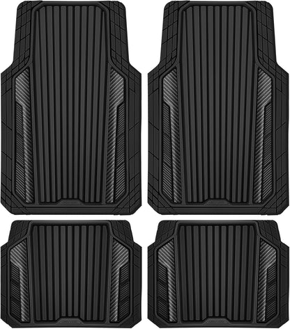 CAR PASS Heavy Duty Rubber Car Mats Metallic, Aluminum Film All Weather Floor Mats Waterproof Universal Trim to Fit Automotive SUV Sedan Van 4 Piece Anodized Deep Dish Two-Tone Sporty Black Red Chrome