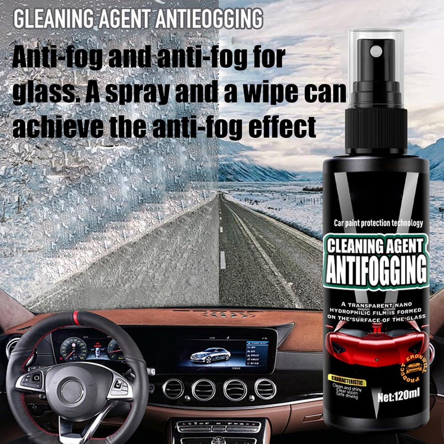 Windshield Defogger Spray – Anti Fog Glass Cleaner, Car Window | Fast-Acting Fog Prevention, Lens Solution, Interior Glass Coating, Improved Visibility for Daily Driving