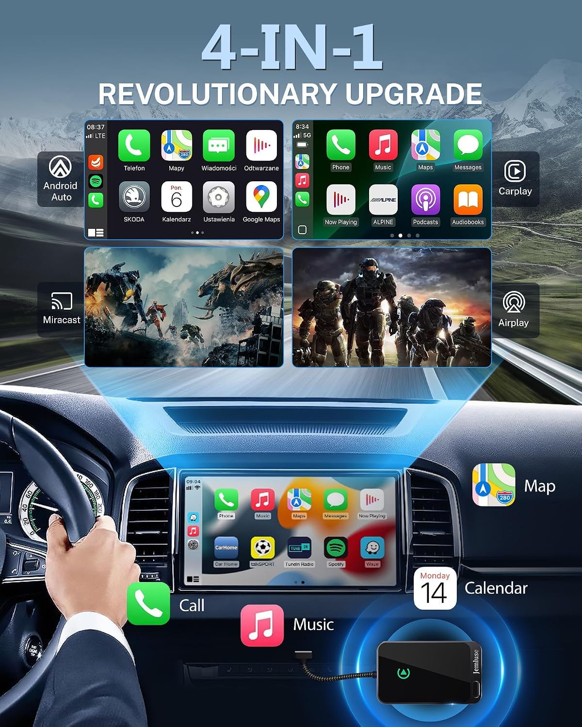 Jemluse Wireless CarPlay Adapter for Apple iPhone - Multi-User Seamless Connection for Convert Wired to Wireless Car Play Adapter - No Latency from iOS 10+ to Screen w/USB C (Gray)