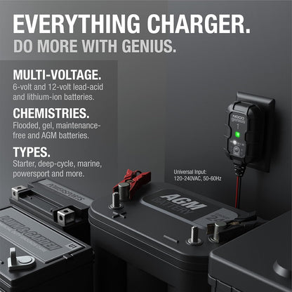 NOCO GENIUS1: 1A 6V/12V Smart Battery Charger – Automatic Maintainer, Trickle Charger & Desulfator with Overcharge Protection & Temperature Compensation – for Lead-Acid & Lithium Batteries