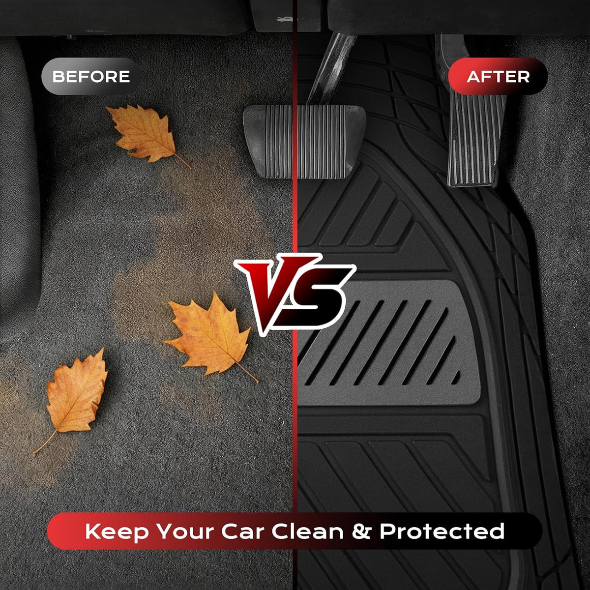 Coverado Car Floor Mats All Weather Waterproof Deep Dish Anti-Slip Car Mats Set, Heavy Duty Rubber Floor Mats for Cars, Universal Trim to Fit Automotive Floor Mats for Cars Trucks SUV, Black&Red