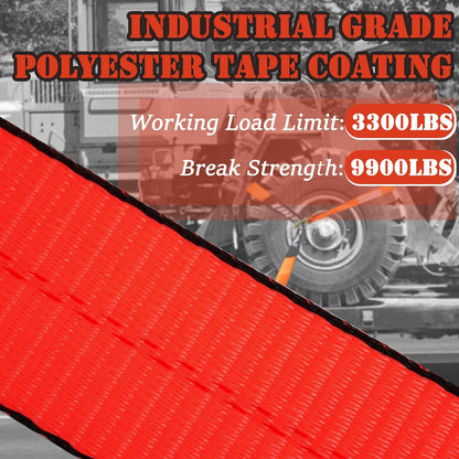 4 Pack Car Tie Down Straps for Trailers with Heavy Duty Chain Anchors 2" x 96" - 3,300 lbs Safe Working Load -Adjustable Wheel Straps with Chain Hook Anchors for Trailers.Orange