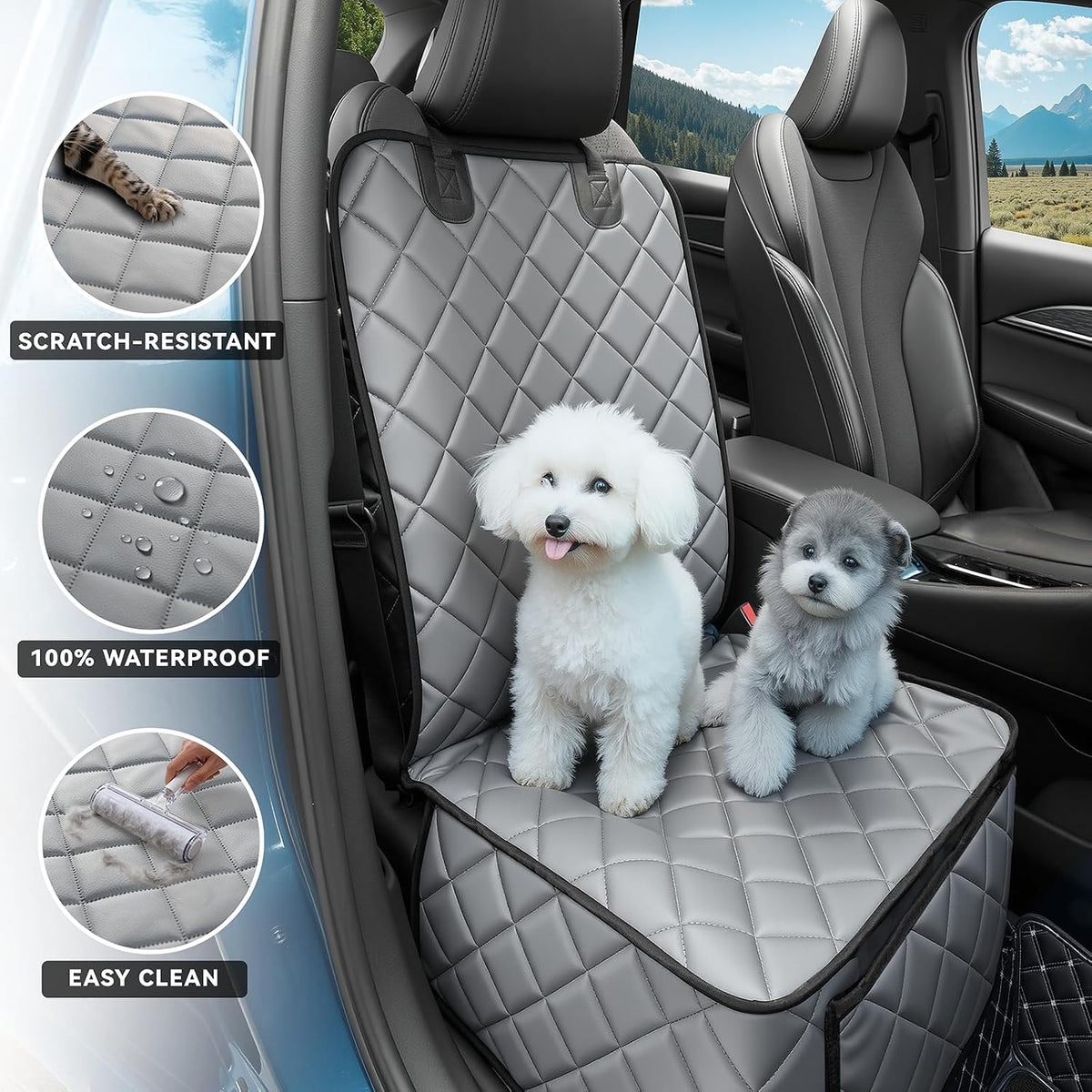 Dog Car Seat Cover for Back Seat, Waterproof Back Seat Covers for Dogs, PU Leather Nonslip Bench Dog Seat Cover Universal Fit Most Vehicles,SUVs,Small Trucks（Black,Standard）