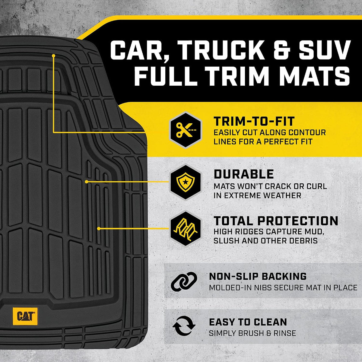 Cat® ToughRide™ Heavy-Duty 3 Piece Rubber All Season Floor Mats for Car Truck Van SUV, Black - Premium Trim to Fit Cars Floor Mat, All Weather Deep Dish Automotive Floor Mats, Total Dirt Protection