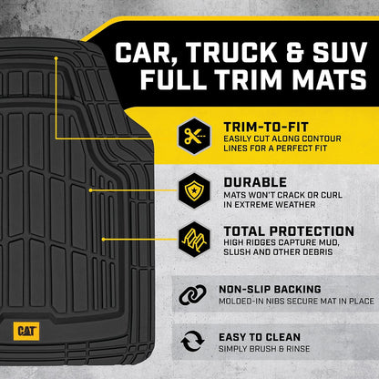 Cat® ToughRide™ Heavy-Duty 3 Piece Rubber All Season Floor Mats for Car Truck Van SUV, Black - Premium Trim to Fit Cars Floor Mat, All Weather Deep Dish Automotive Floor Mats, Total Dirt Protection