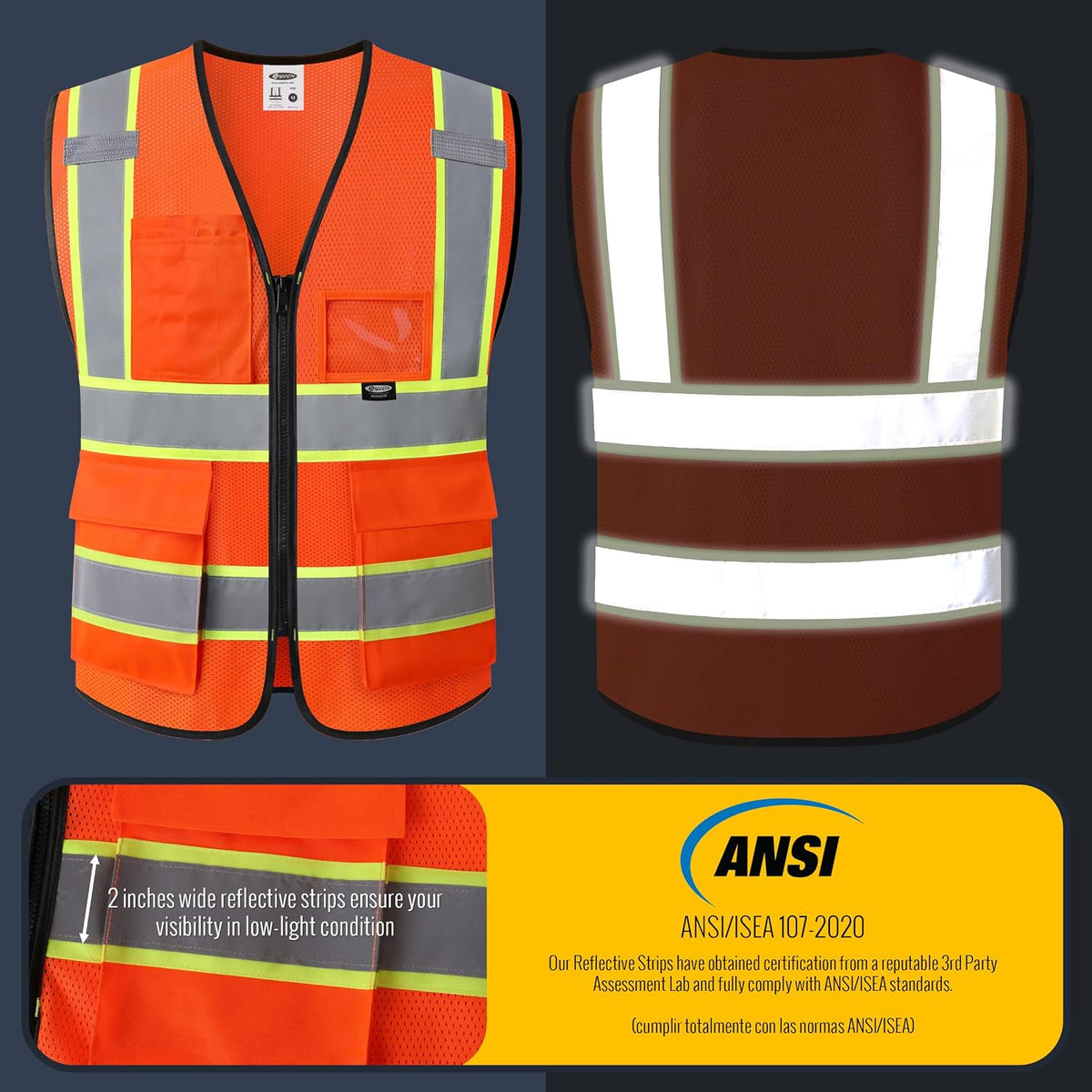JKSafety Safety Vest for men women Hi Vis Reflective Vest with Pockets and Zipper High Visibility Meet ANSI Standard（BX320