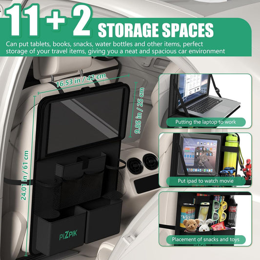 Plzpik Car Backseat Organizer with Tray(2Pack),13 Storage Pockets with Foldable Food Tray, Protector Kick Mats for Kids, Travel Accessories Organizer (Black)