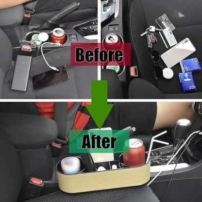 IOKONE Car Cup Holder, Auto Cup Drink Holders，Multifunctional Auto Front Seat Organizer with PU Leather Cover, Gap Filler Storage Box Coin Bucket Console Side Pocket Cell Mobile Phone Holder (Black)