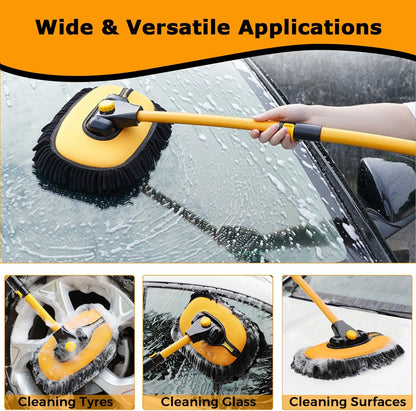 WillingHeart 15° Curved Car Wash Brush with Long Handle 43" Extension Pole RV Truck Microfiber Cleaning Mop Auto SUV Wheel Boat Exterior Interior Detailing 2 in 1 Carwash Duster Not Hurt Paint, Yellow