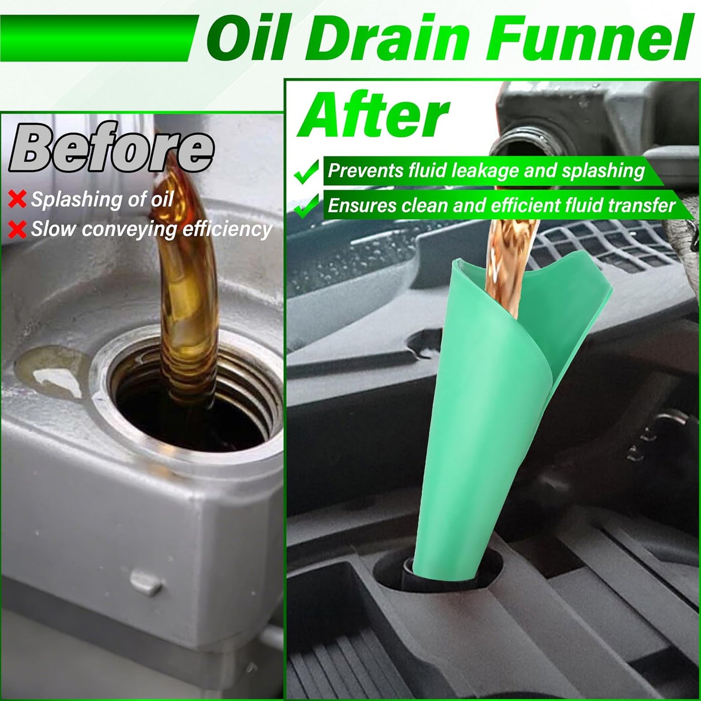 Flexible Oil Funnel, Reusable Flex Funnels for Automotive Use, 14.7 x 6.7 Inch Spill-Free Oil Change Tools for Most Cars, Trucks, Motorcycles (Green)