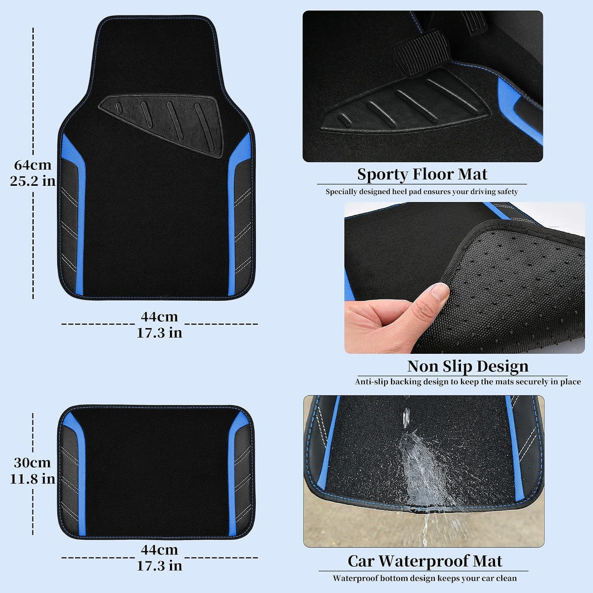 CAR PASS Air Mesh Leather Car Seat Covers Full Set, Waterproof Car Floor Mats, Sporty Steering Wheel Cover 14.5-15in, Universal Fits for 95% Cars Truck SUV (Black and Blue)