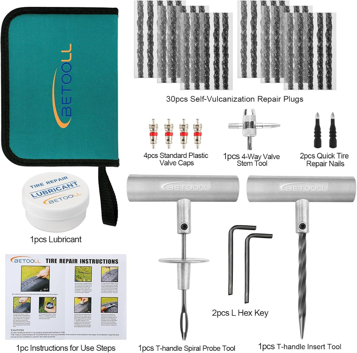 BETOOLL Tire Repair Kit, 24 Pcs Professional Heavy Duty Universal Emergency Flat Tire Repair Kit to Fix Punctures, for car Motorcycle, Truck, Golf Cart, ATV, Tractor, ARB, RV, SUV, Trailer etc.