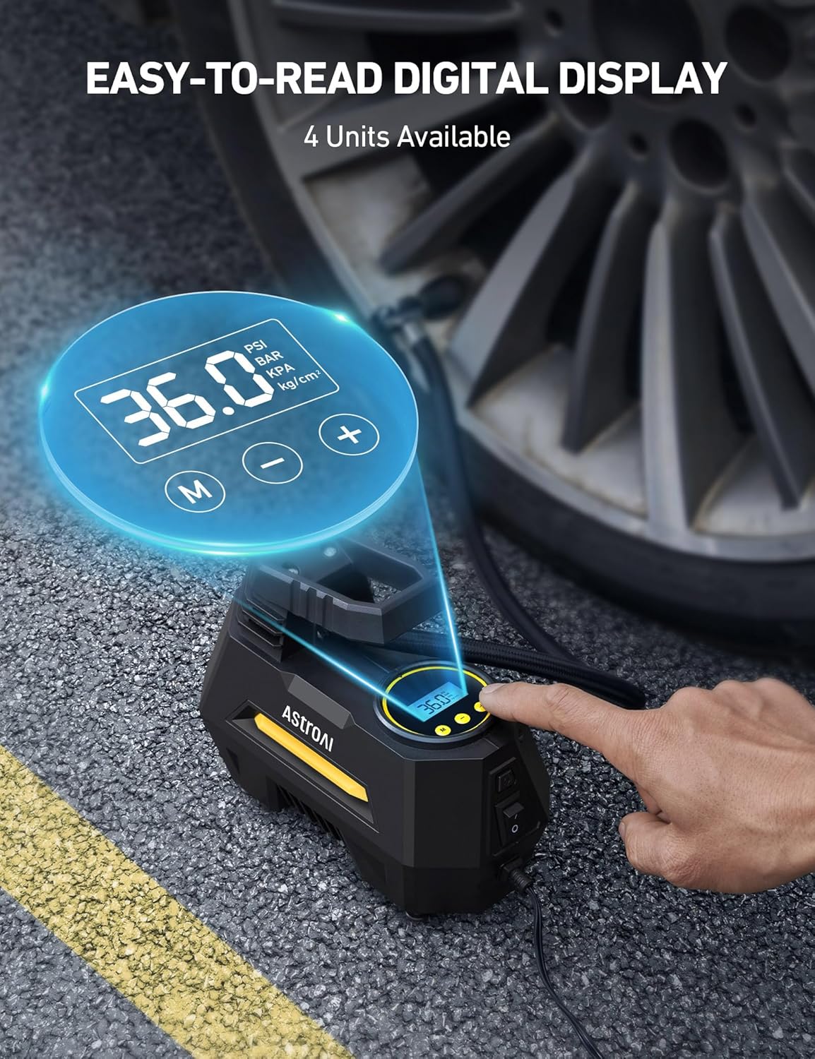 AstroAI AIRUN H Tire Inflator Portable Air Compressor,Fast Inflation Electric Air Pump for Car Tires-Car Accessories,9.8Ft Cord-12VDC-Powered Auto Shut-Off with Digital Pressure Gauge,LED Light,Yellow