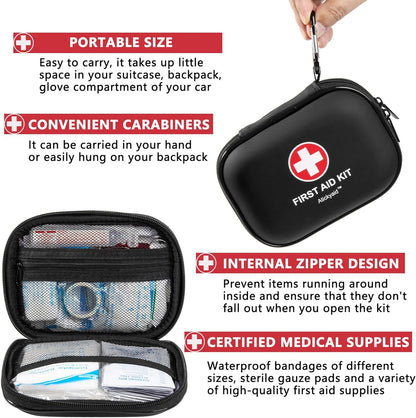 Mini First Aid Kit - 120 Piece Small Waterproof Hard Shell Medical Kit for Car, Home, Office, Travel, Camping, Sports, Outdoor, School - Emergency First Aid Supplies and Survival Kit (Red)