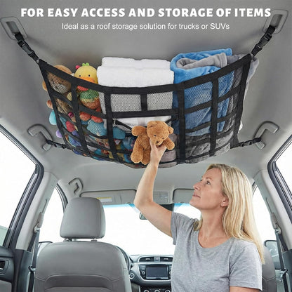 Car Ceiling Cargo Net Pocket, 31.5×20.5 Inch Double-Layer Car Roof Mesh Storage Organizer, Strengthen Load Bearing Overhead Cargo Storage Net for 4-Handle Vehicles
