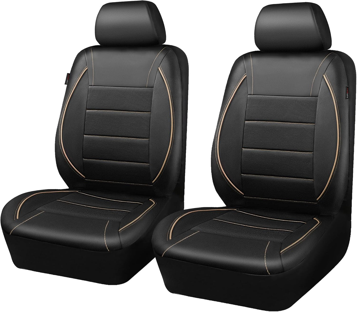 CAR PASS Universal FIT Piping Leather Two Front Seat Covers, Waterproof Faux Leather for SUV Sedan Van Truck, Airbag Compatible,Reserved Opening Holes for Headrest Covers. (Black red)