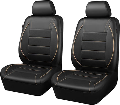 CAR PASS Universal FIT Piping Leather Two Front Seat Covers, Waterproof Faux Leather for SUV Sedan Van Truck, Airbag Compatible,Reserved Opening Holes for Headrest Covers. (Black red)