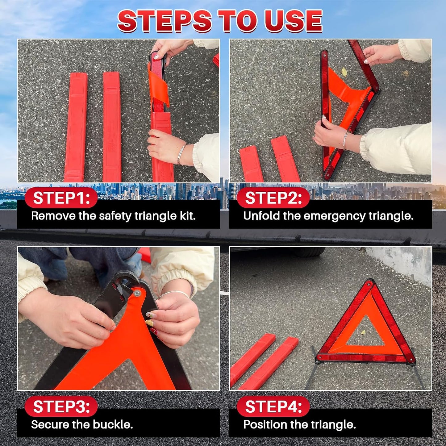 MAOPINER 3 Pack Emergency Warning Triangles, Roadside Safety Triangle with Reinforced Base and Carrying Case, Foldable Reflective Warning Triangles for Roadside Safety and Emergency Use