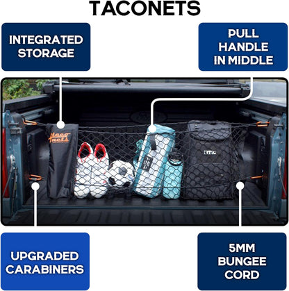 TacoNets Envelope Cargo Net for GMC Sierra & Chevy Silverado - Fits 2013-Current - Upgraded 5mm Bungee - Integrated Storage Bag - Heavy Duty Carabiners - Designed in USA