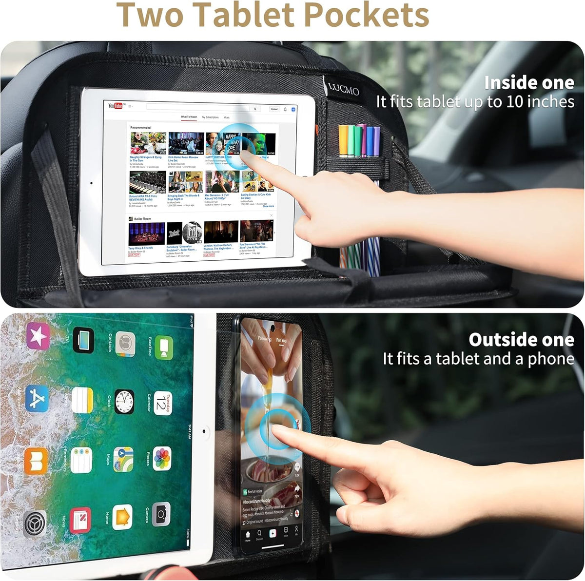 LUCMO Car Backseat Organizer with Tablet Holder,6 Storage Pockets Car Storage Organizer with Foldable Food Tray,Protectors Kick Mats Travel Accessories-Black