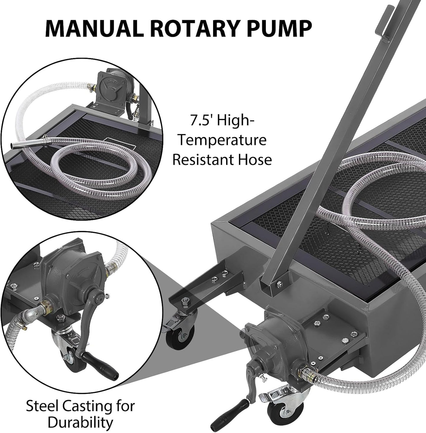 Garvee 20 gal Oil Drain Pan Oil Drain Tank, 76 L Low Profile Oil Drain Pan, Large Capacity Oil Change Pan with Manual Pump & T Foldable Hand and Wheels, 8 ft Hose Oil Drain Cart for Car, SUV, Trucks