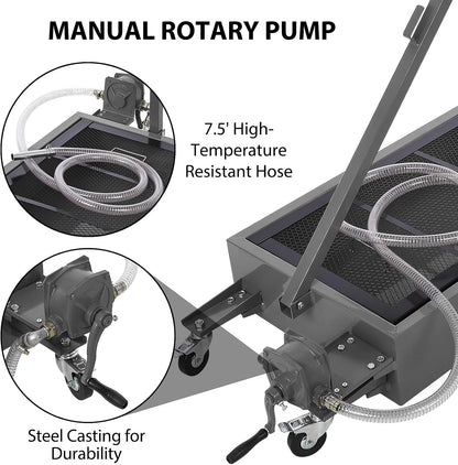 Garvee 20 gal Oil Drain Pan Oil Drain Tank, 76 L Low Profile Oil Drain Pan, Large Capacity Oil Change Pan with Manual Pump & T Foldable Hand and Wheels, 8 ft Hose Oil Drain Cart for Car, SUV, Trucks