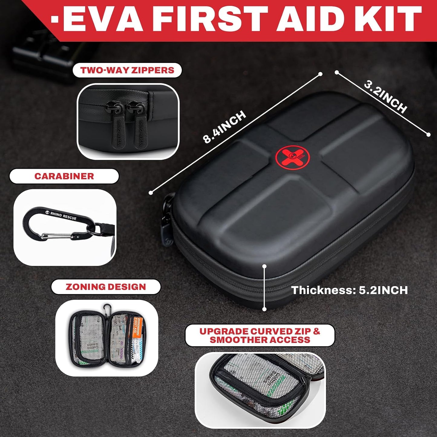 RHINO RESCUE EVA First Aid Kit, Small Waterproof Emergency Hiking First Aid Kit for Backpacking, Medical Kit for Travel, Home, Car, College Dorm Room, Camping, Boat, Back to School (Red)
