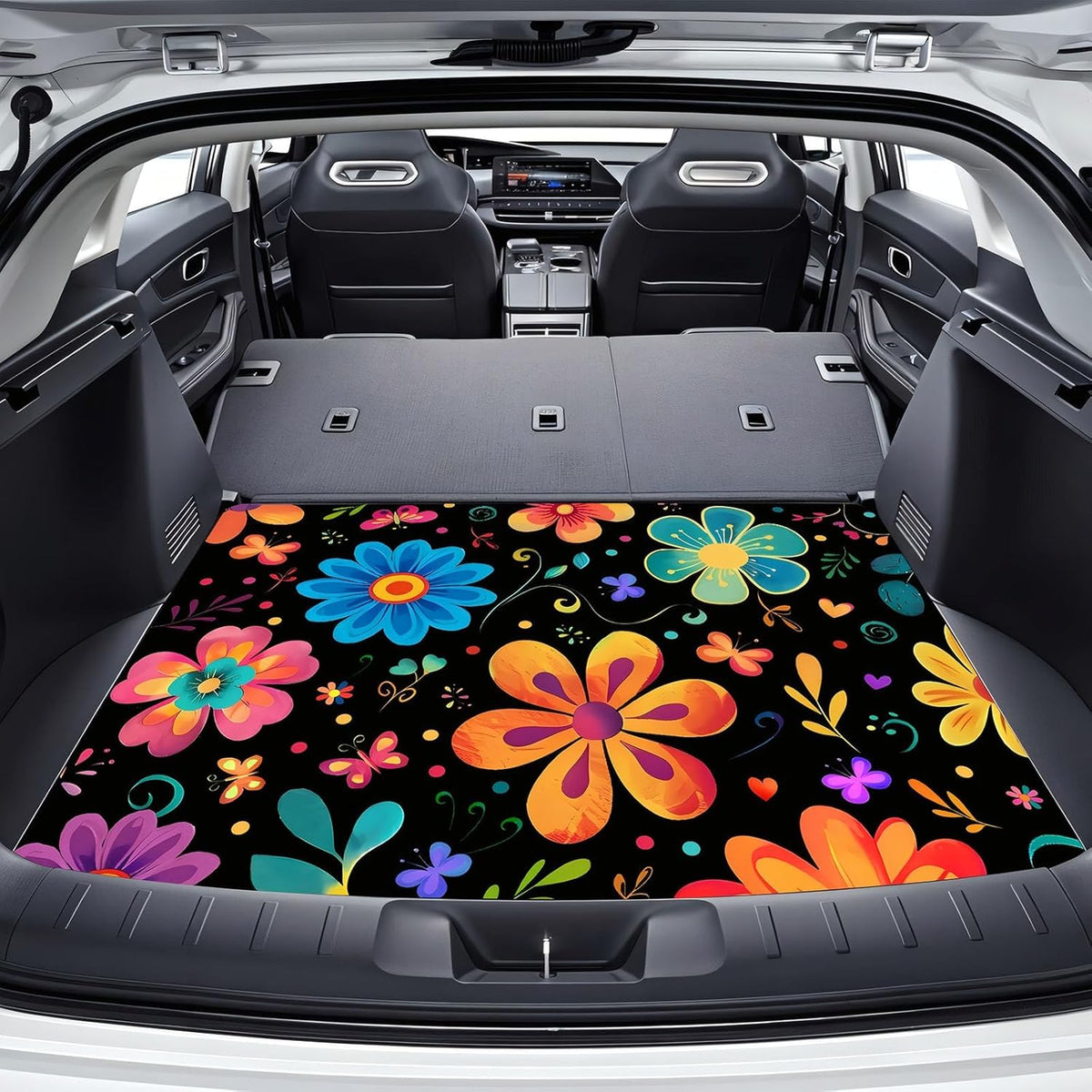 Universal Car Trunk Mat 29" x 39",Purple Colorful Flowers All Weather Trunk Protection Cargo Liner, Durable Cargo Mat Rear Trunk Liner,Stylish Vehicle Interior Accessories Suitable for Most Car Models