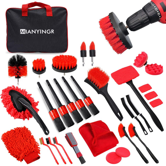 32Pcs Red Car Detailing Kit – Brush Set & Cleaning Kit with Drill Brush, Polishing/Waxing Pads, Interior/Exterior Tools for Wheels & Windshield – Portable Handbag