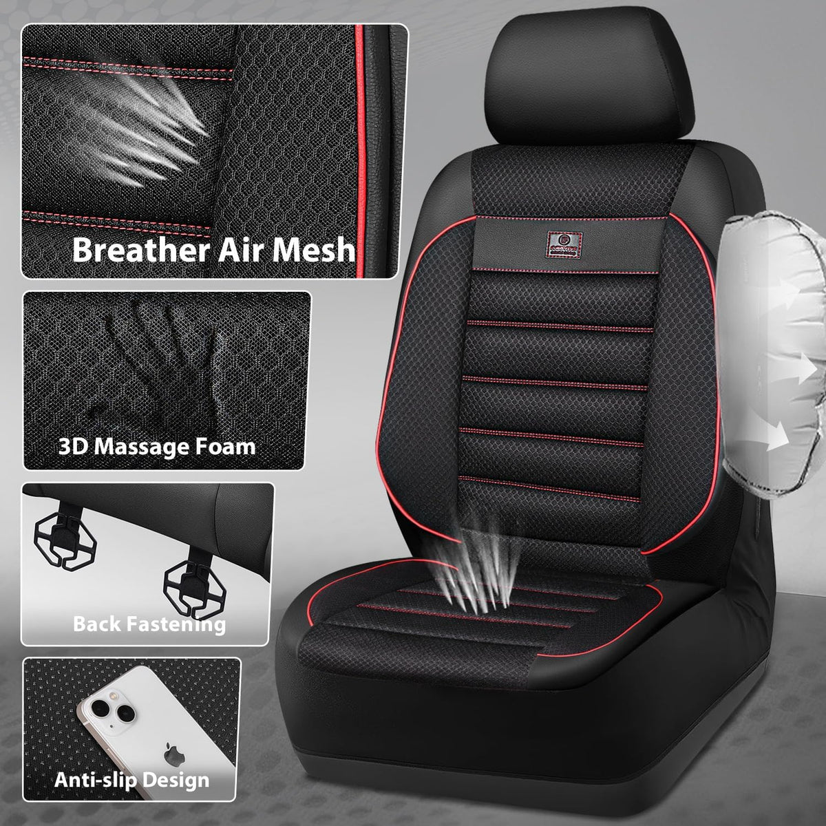 CAR PASS Leather Seat Covers Full Set Universal Water Resistant 3D Foam Back Support, Luxury Comfort Automotive 5 Seat Covers All Season Fit for SUV,Sedan,Van, Airbag Compatible Elegance(Pure Black)