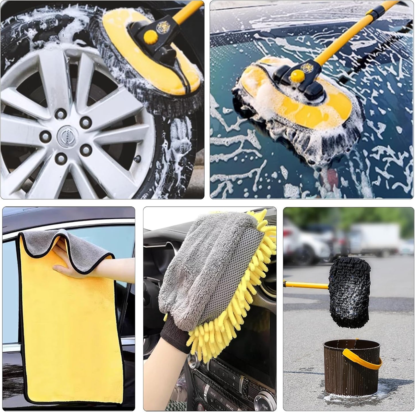57'' Car Wash Brush with Long Handle Chenille Microfiber Car Wash Kit， Mitt Retractable Bent Pole Car Wash Brush for Cars RV Truck Boat (Yellow)
