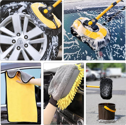 57'' Car Wash Brush with Long Handle Chenille Microfiber Car Wash Kit， Mitt Retractable Bent Pole Car Wash Brush for Cars RV Truck Boat (Yellow)