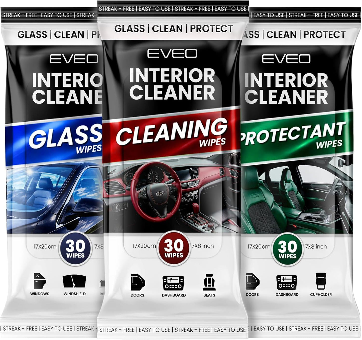 EVEO Car Wipes Interior Cleaning Kit -3-in-1 Car Cleaning Wipes Car Interior Wipes | Interior Car Wipes, Car Cleaning Kit Interior & Exterior - Protectant, Glass and Cleaning All Surfaces (90 Wipes)