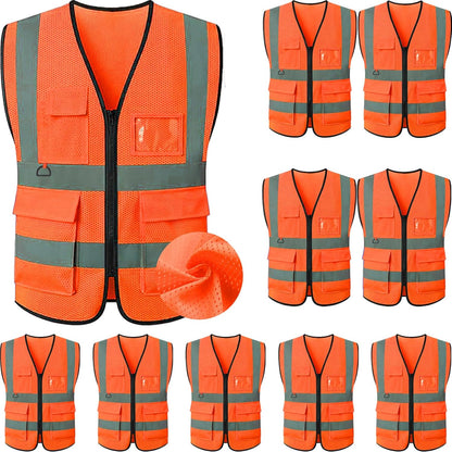 Reflective Mesh Safety Vest, Breathable Hi Vis Vest Construction Work with 5 Pockets and Zipper for Men Women