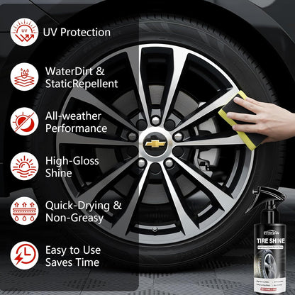 Tire Shine Spray – Deep Black, High Gloss & UV Protection – Fast-Drying, Non-Greasy, Water-Repellent for Cars, Trucks, SUVs, RVs – Includes Pad & Towel, 3.4 fl oz