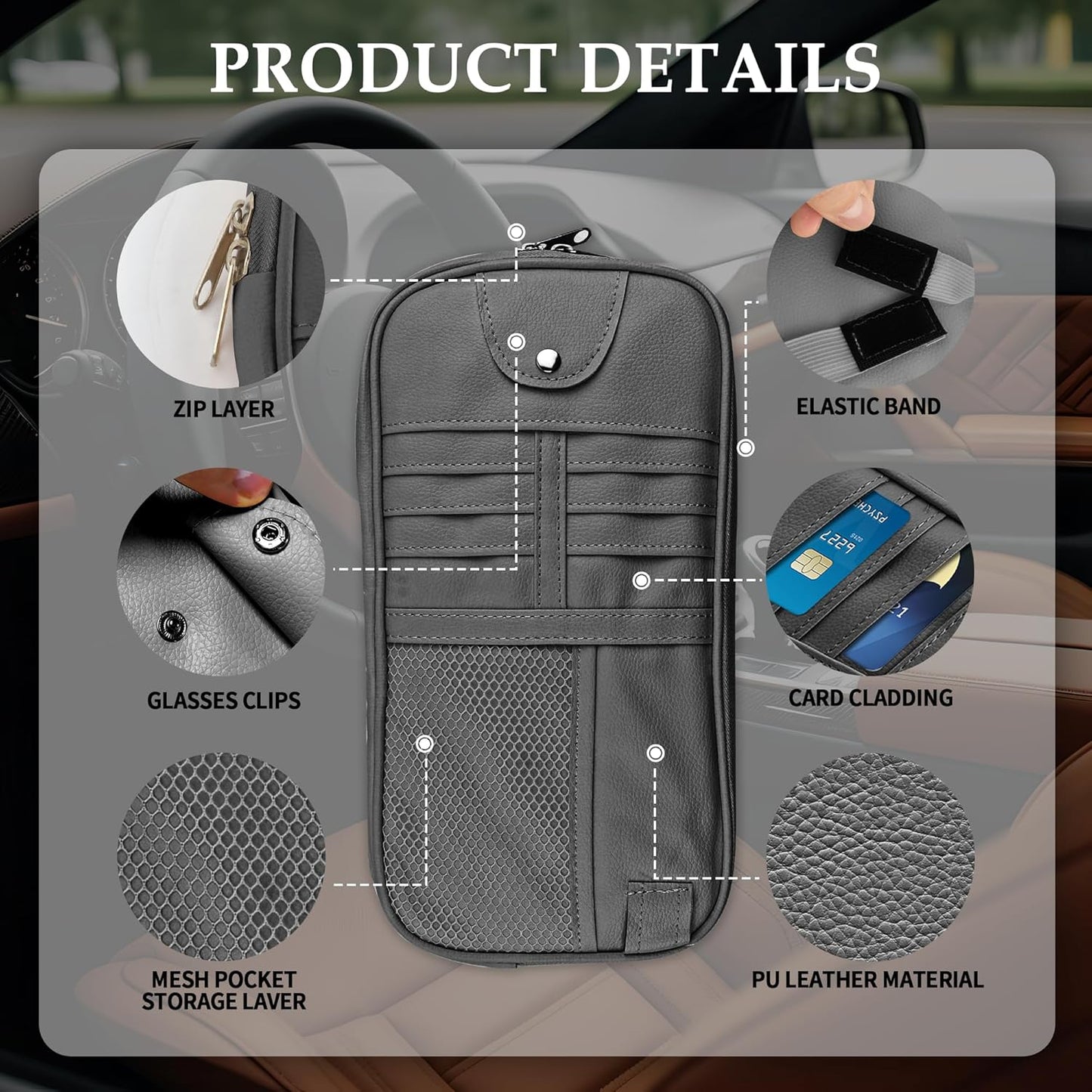 Multi-Purpose Car Visor Organizer with Sun Glass Holder & Card Holder,PU Leather Truck Visor Organizer with Multi-Pocket and Zipper,Universal Car Storage Organizers