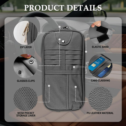 Multi-Purpose Car Visor Organizer with Sun Glass Holder & Card Holder,PU Leather Truck Visor Organizer with Multi-Pocket and Zipper,Universal Car Storage Organizers