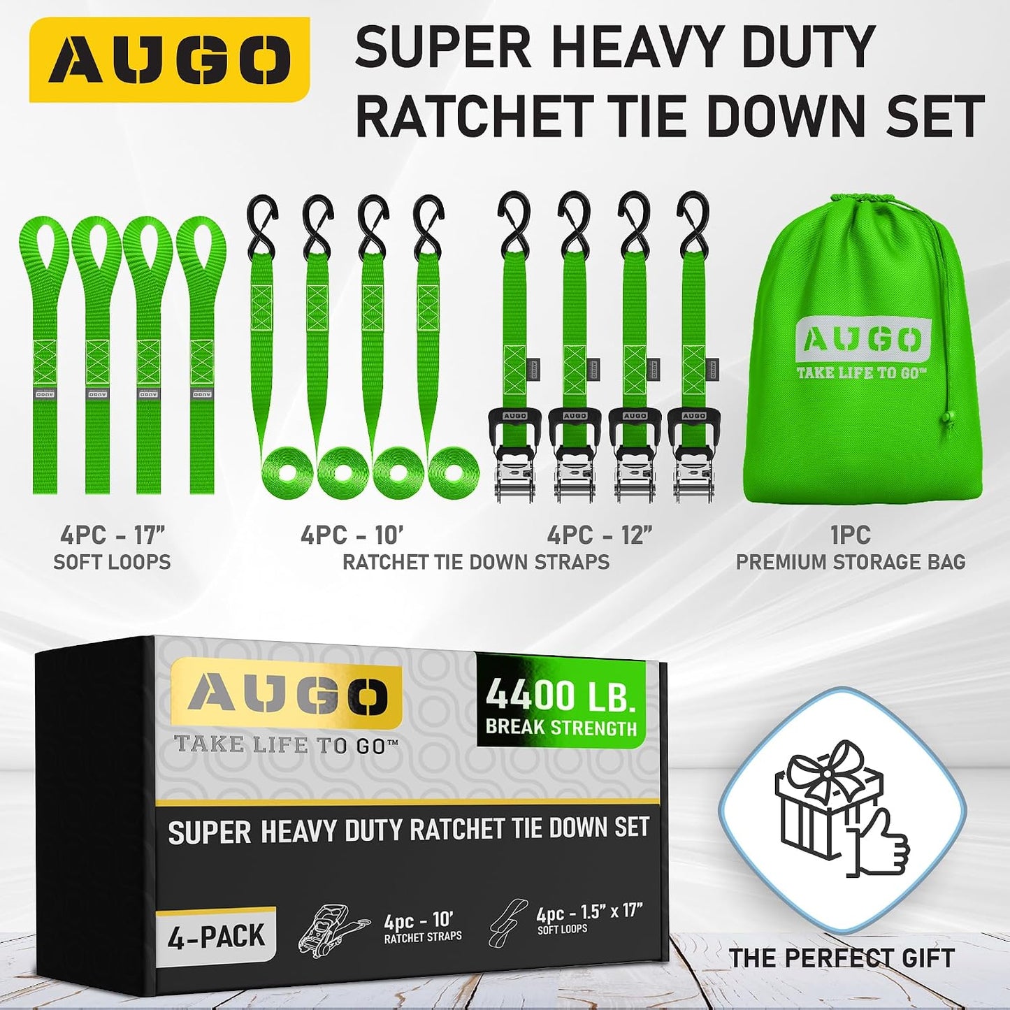 AUGO Ratchet Straps Heavy Duty 4 Pack -15 FT - 2200 LB Break Strength – with Safety Lock S Hooks - Cargo Straps for Moving, Appliances, Motorcycle – Soft Loop Tie Down Straps