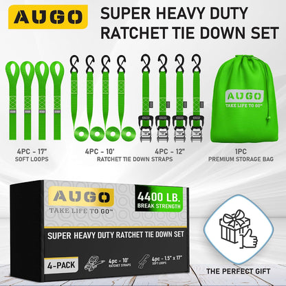 AUGO Ratchet Straps Heavy Duty 4 Pack -15 FT - 2200 LB Break Strength – with Safety Lock S Hooks - Cargo Straps for Moving, Appliances, Motorcycle – Soft Loop Tie Down Straps
