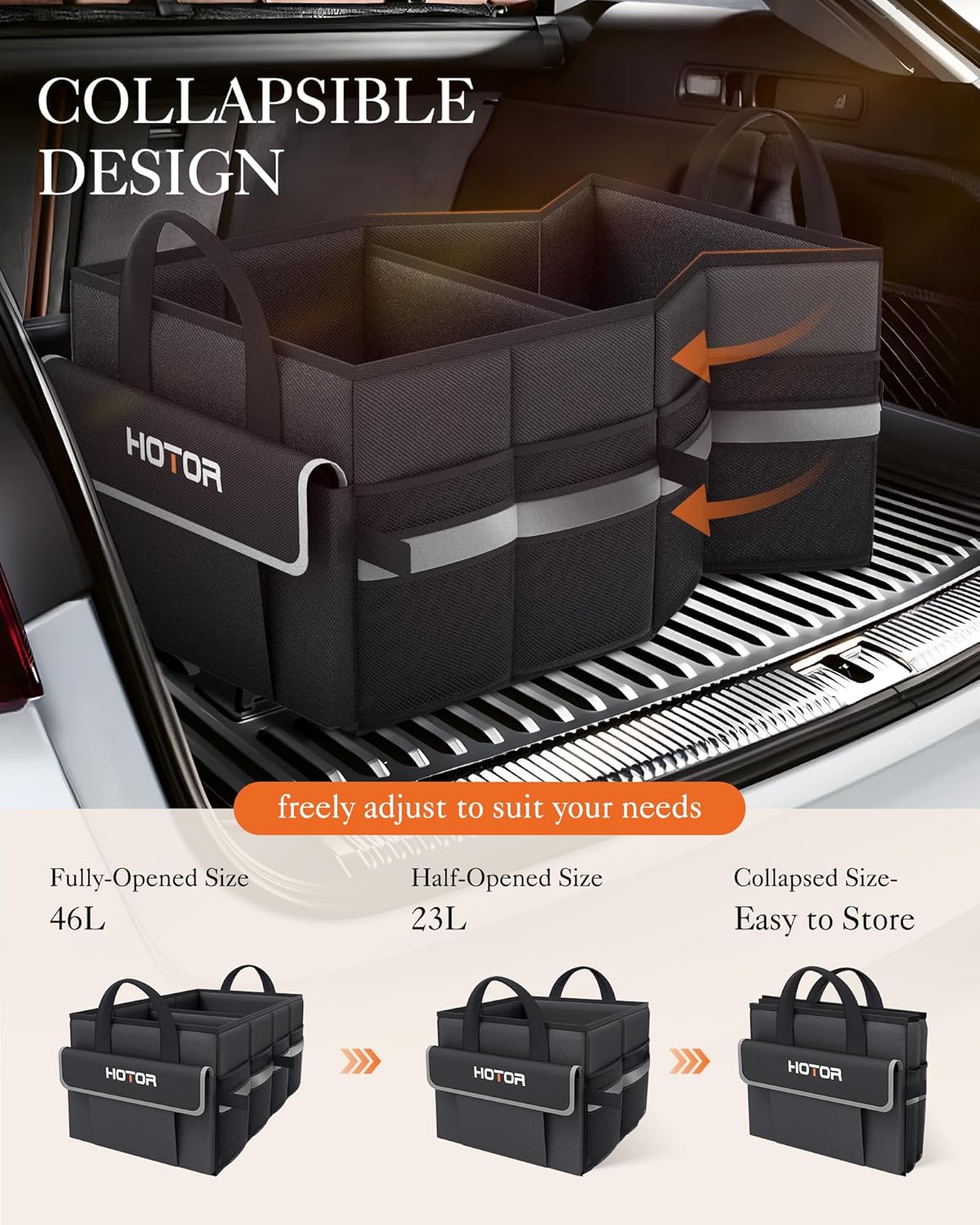 HOTOR Trunk Organizer - Car Organizer with 5 Pockets, Trunk organizer for SUV, Sedan & Van, Car Organization with Sturdy Base Panel for Car Accessories, Black, 2 Compartments, 21.3"×12.6"×10.6"
