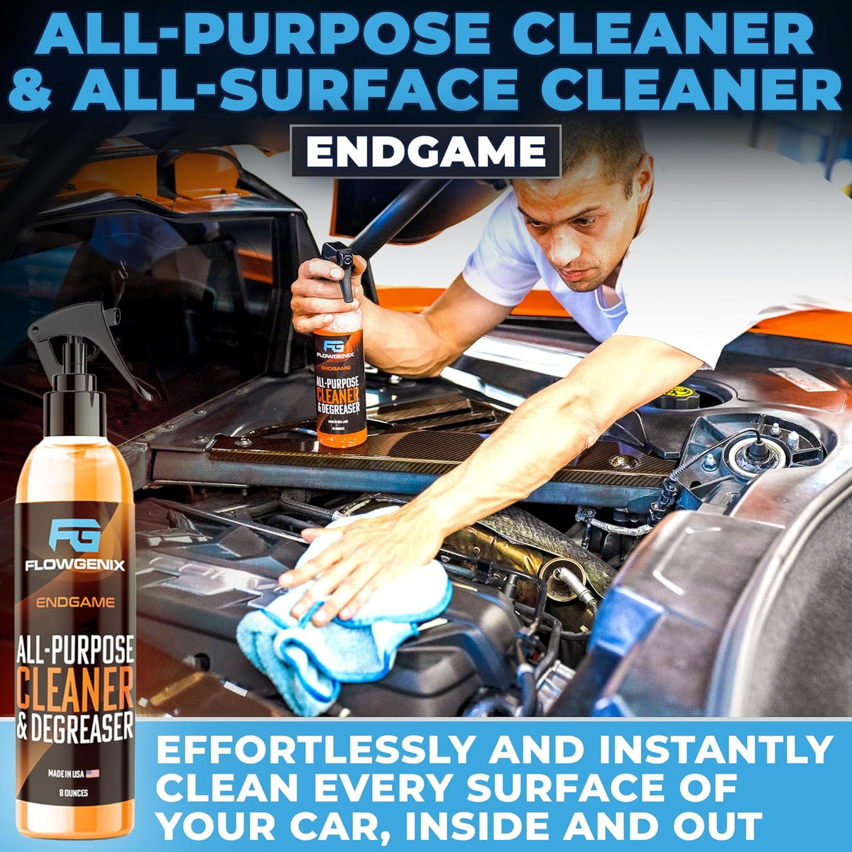 Flowgenix™ Waterless Car Wash Spray - Grand Finale - Motorcycle Cleaner & Car Wax Polish (8 oz) - Ceramic Coating - Incl. 2 Microfiber Towels - Quick Detailer Spray to Make Your Vehicle Shine