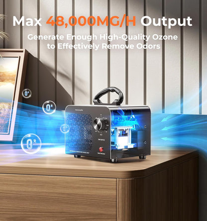 Ozone Generator 48,000mg, Commercial Ozone Machine Odor Removal, High Capacity O3 Ionizer Air Purifier Deodorizer, Portable Mini for Car, Home, Smoke, Pets, Industrial, for 4000 Square Feet -Black